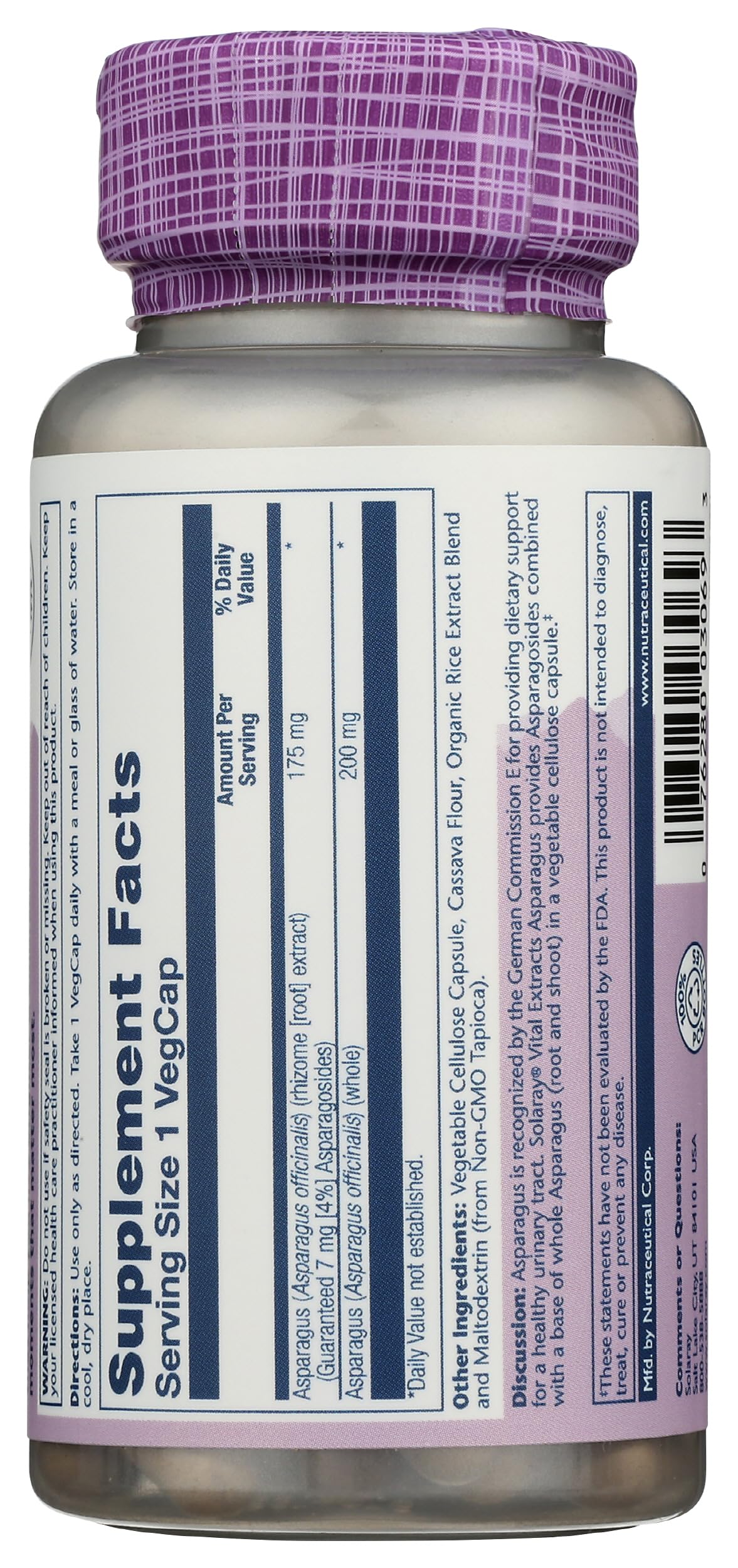 SOLARAY Complément Alimentaire Asperge 175 mg 60 Capsules Végétales avec étiquette