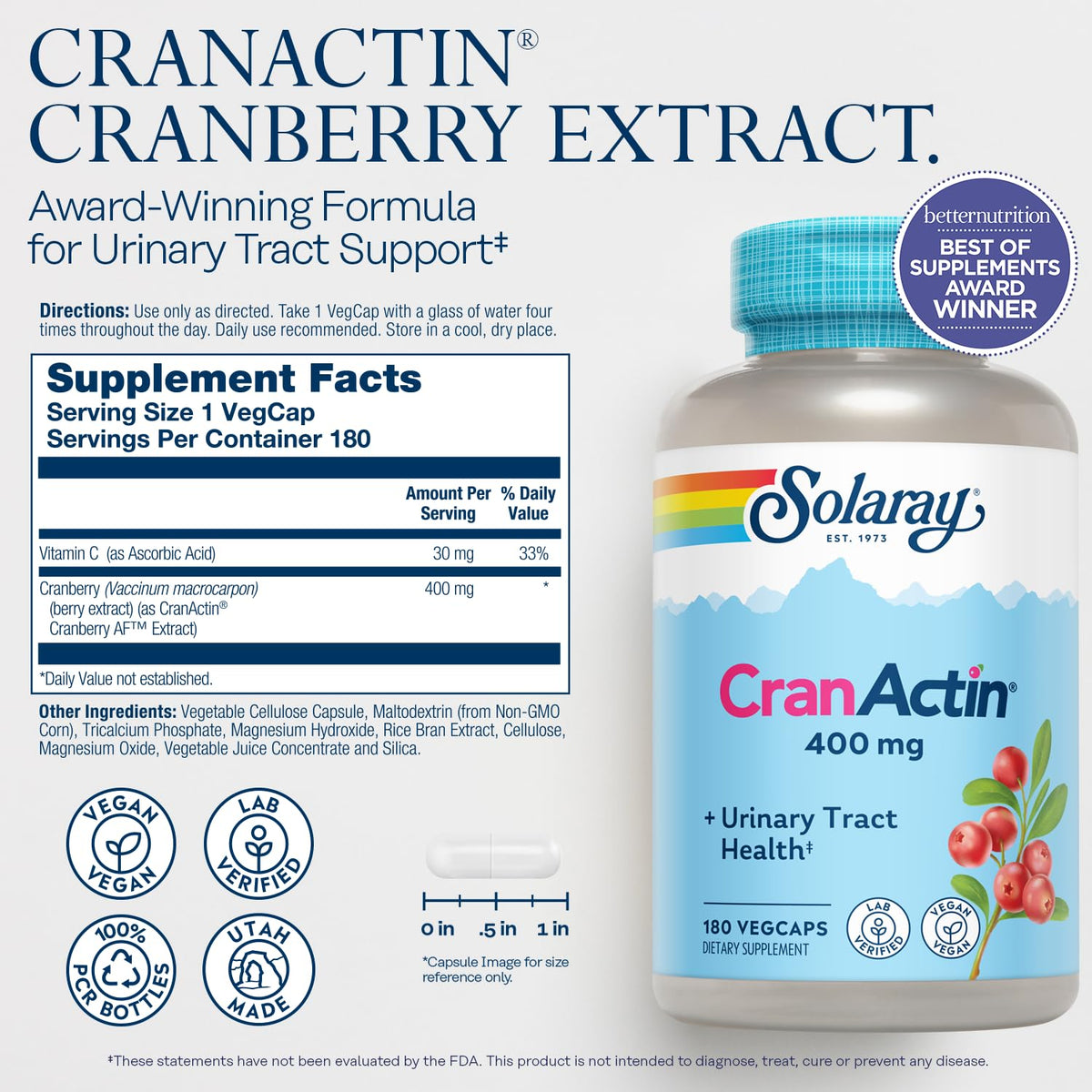 SOLARAY Cranactin 180 capsules végétales avec étiquette