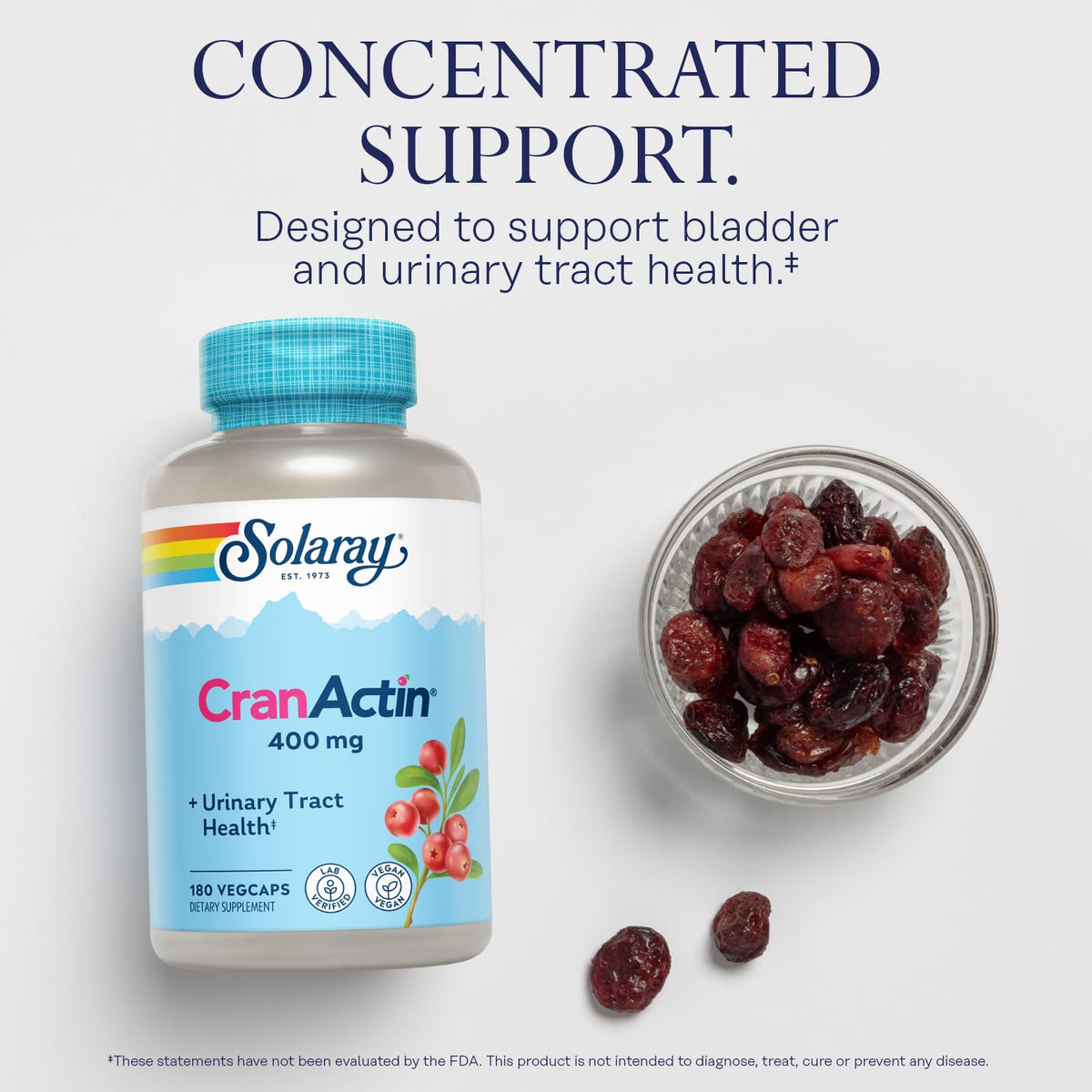 SOLARAY Cranactin 180 capsules végétales sur fond blanc