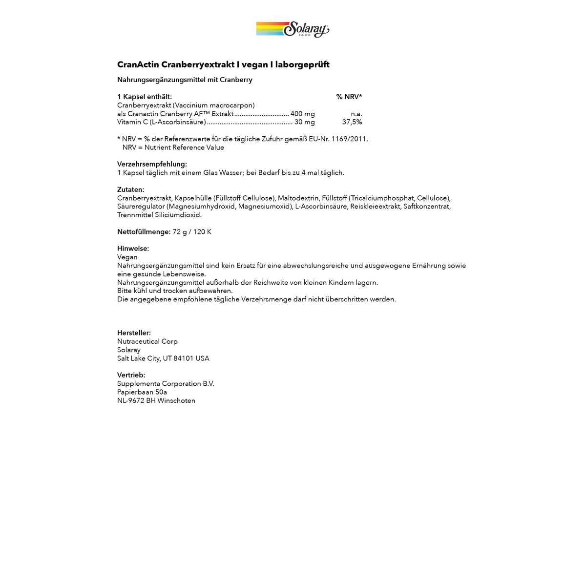 SOLARAY CranActin Extrait de Canneberge 400 mg 120 VegCaps et des fruits de canneberge