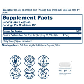 SOLARAY DAO Enzyme 60000 HDU 135 VegCaps étiquette avec ingrédients