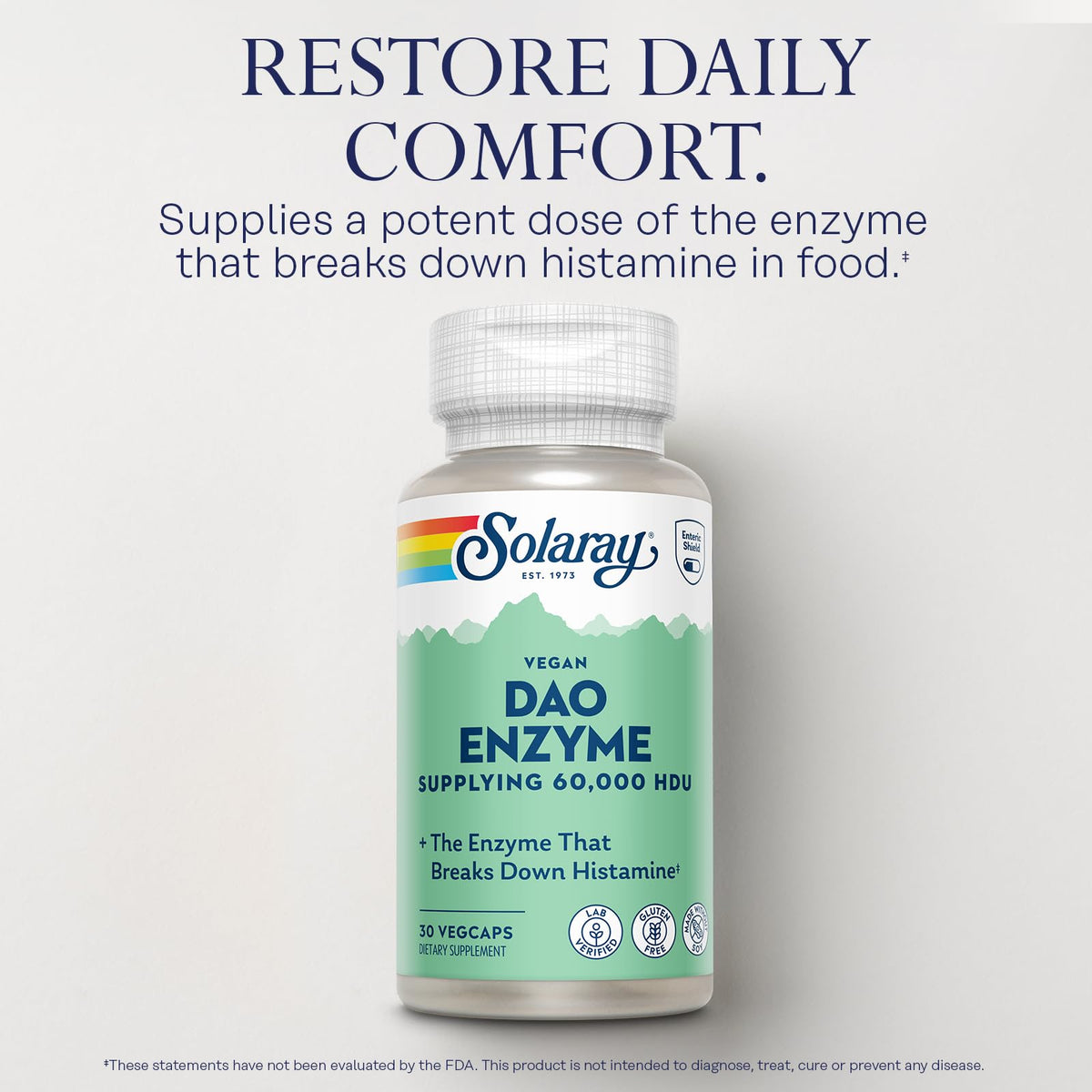 SOLARAY DAO Enzyme 60000 HDU 30 VegCaps côté avec étiquette