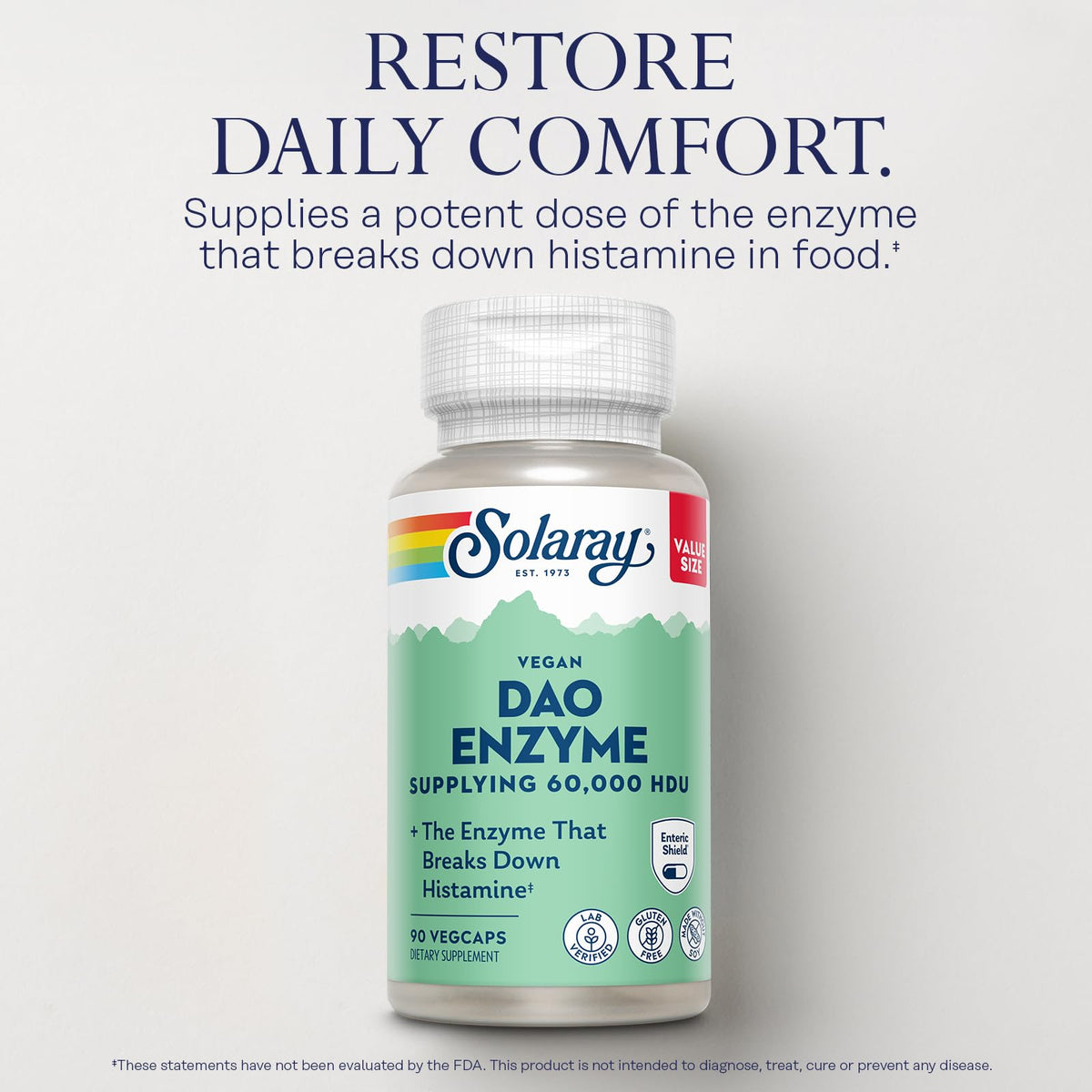 SOLARAY DAO Enzyme 90 VegCaps sur fond blanc
