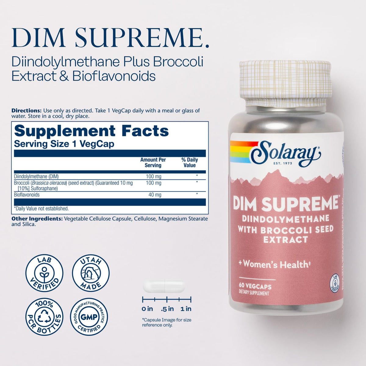 SOLARAY DIM 100 mg 60 VegCaps vue arrière avec informations nutritionnelles