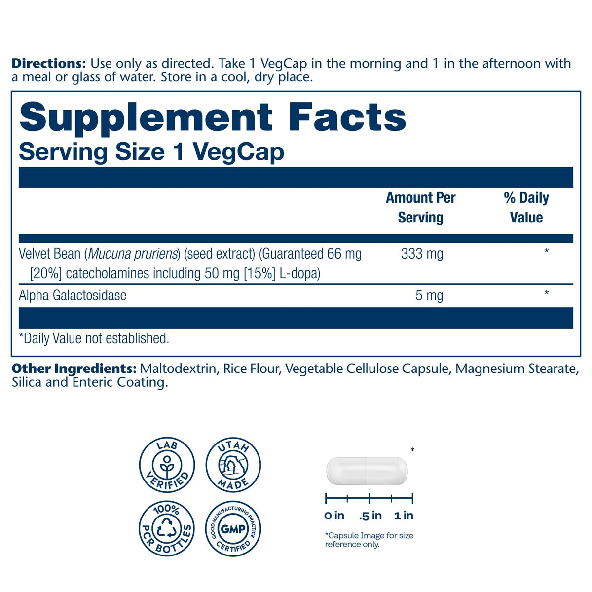 SOLARAY Dopabean 333mg, étiquette avec ingrédients et dosage