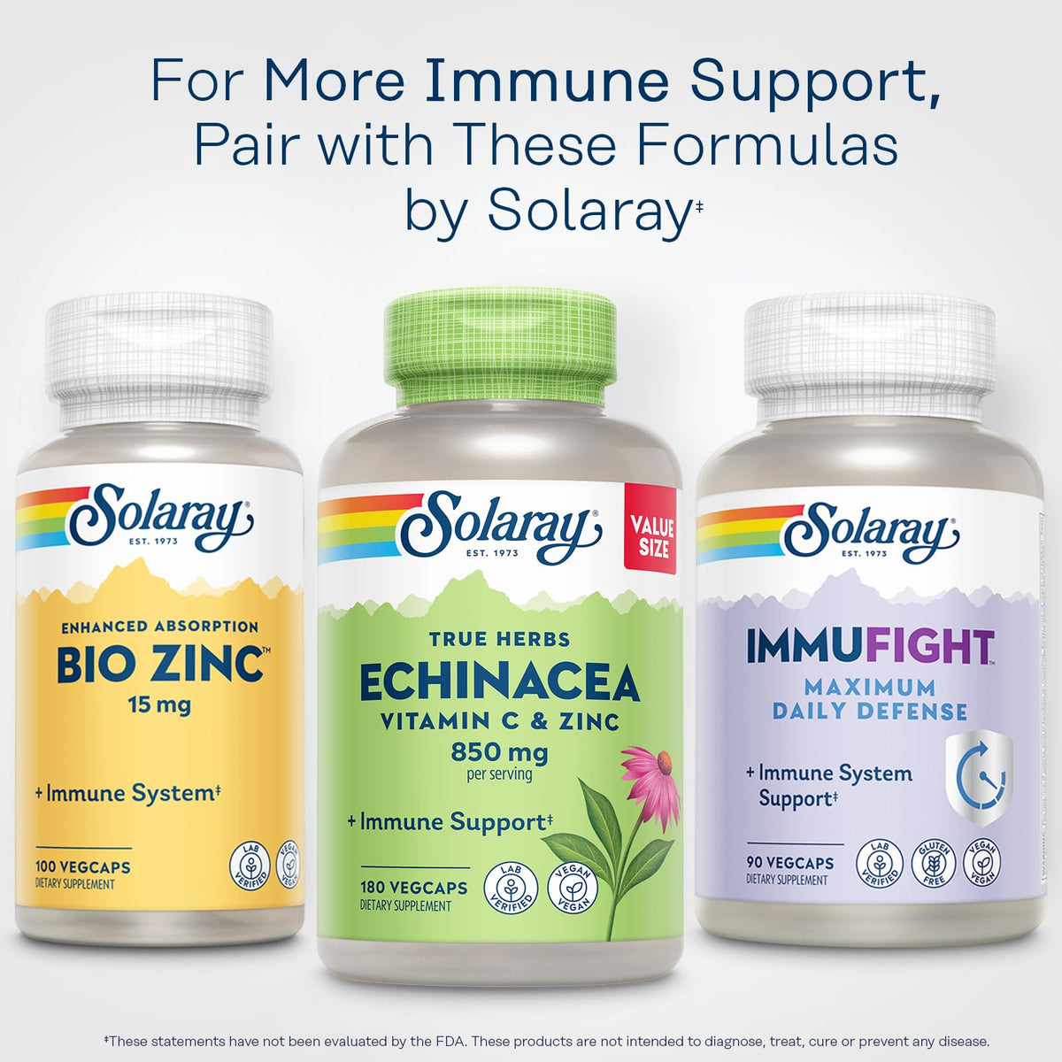SOLARAY Echinacea 180 VegCaps avec ingrédients en arrière-plan