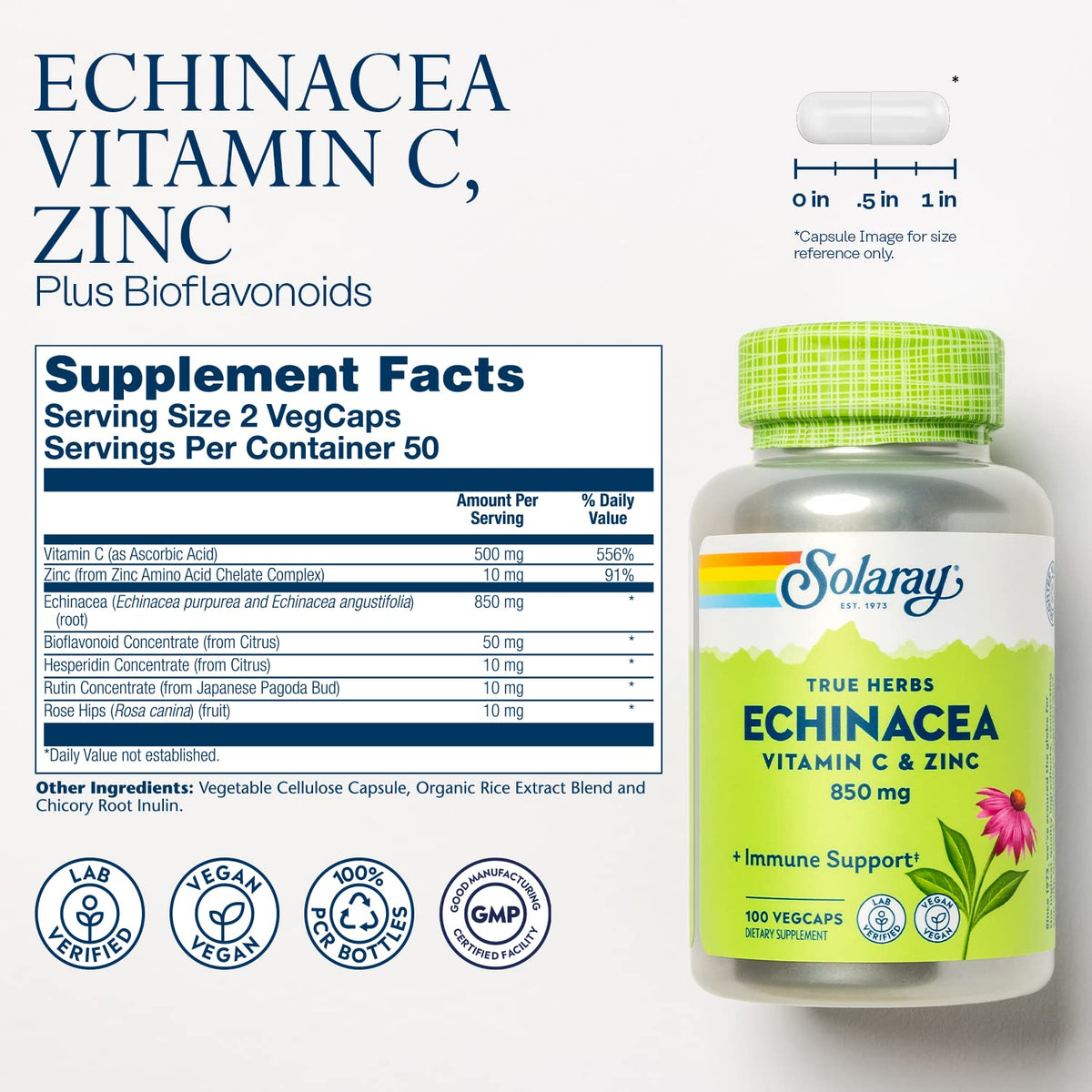 SOLARAY Echinacea gélules avec Vitamine C et Zinc - étiquette et ingrédients