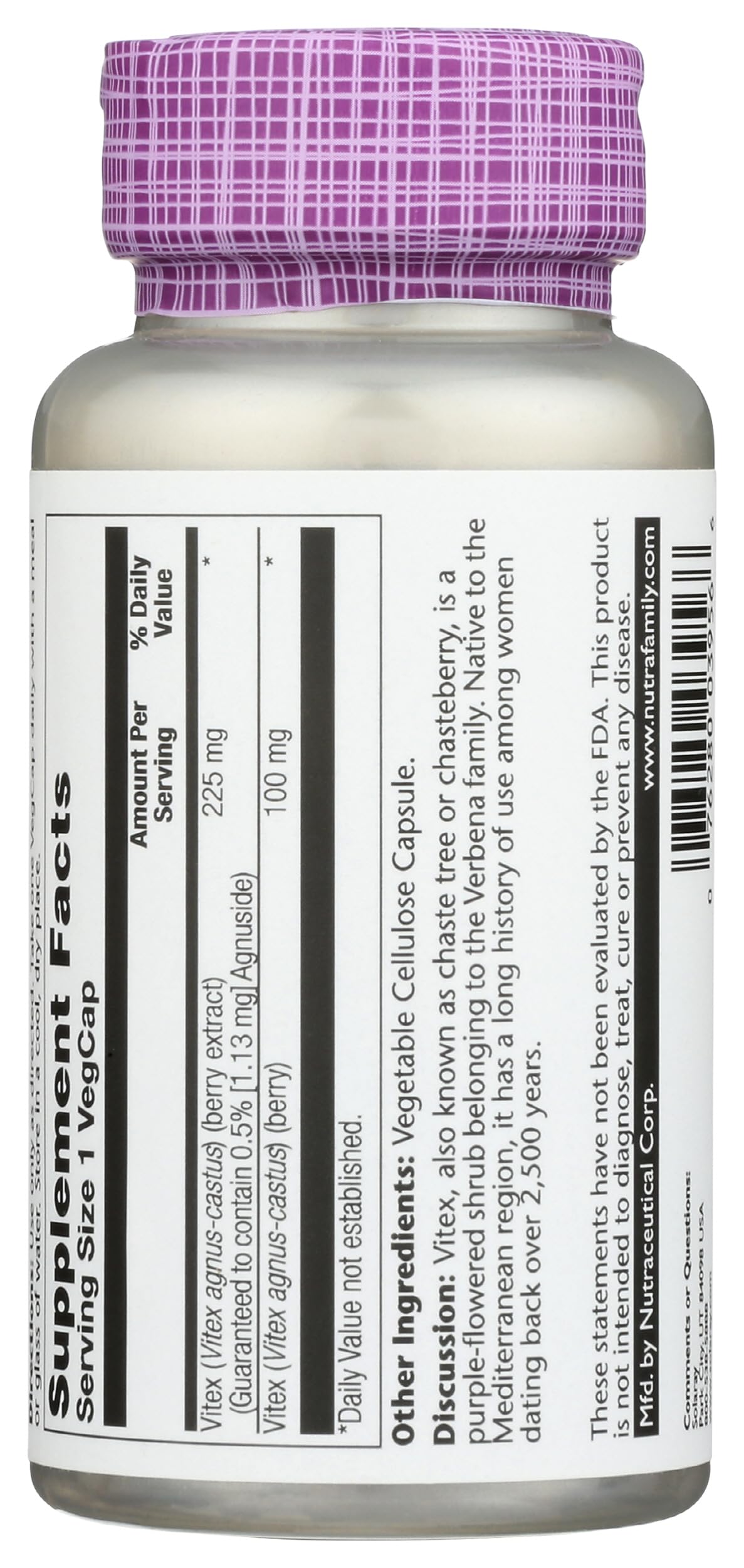 SOLARAY Extrait de Baies de Vitex 225 mg - vue arrière du flacon