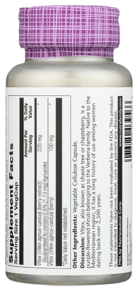 SOLARAY Extrait de Baies de Vitex 225 mg - vue arrière du flacon