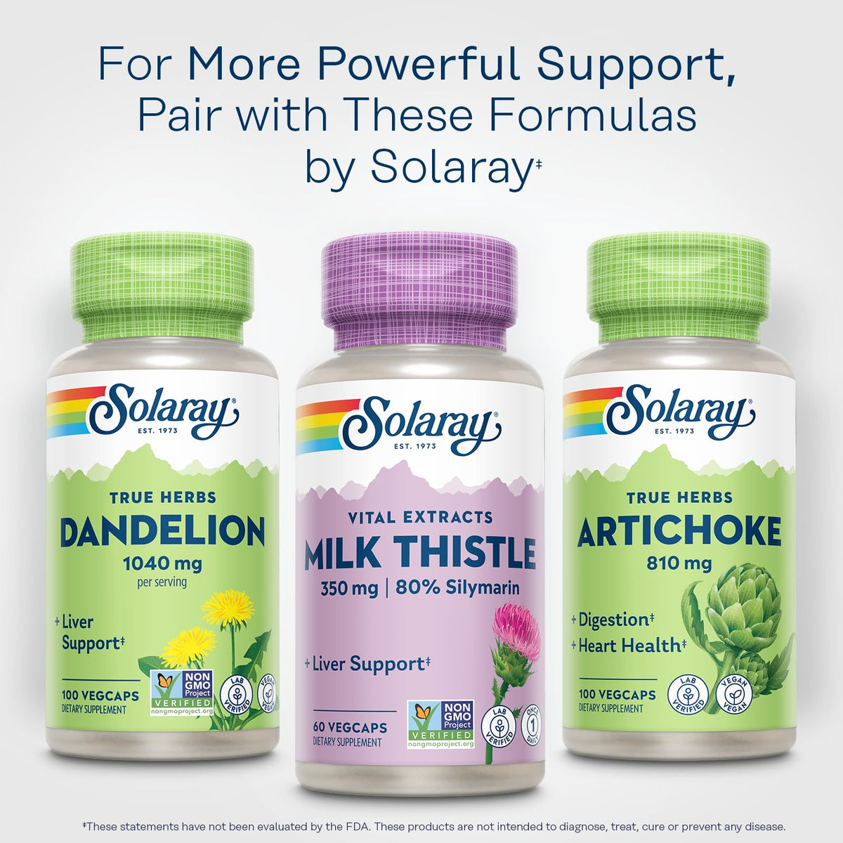 SOLARAY Extrait de Chardon-Marie 350 mg gélules avec une main tenant la bouteille