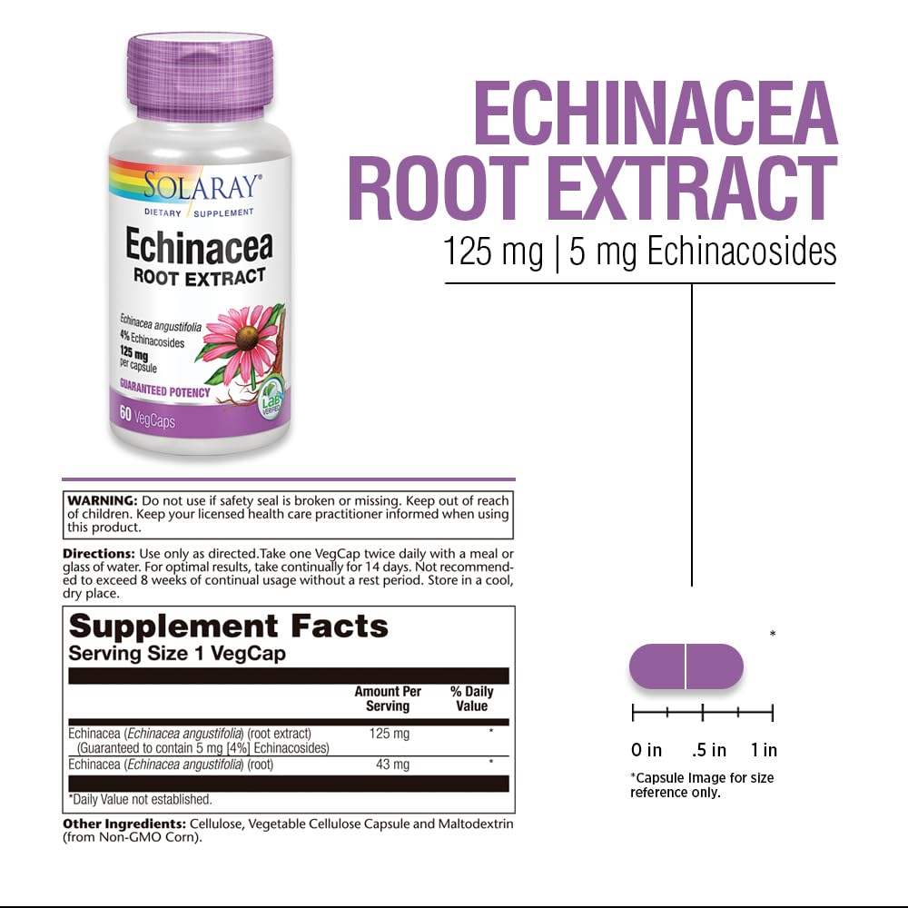 SOLARAY Extrait de Racine d'Échinacée Angustifolia 125 mg, capsules végétales dans le flacon