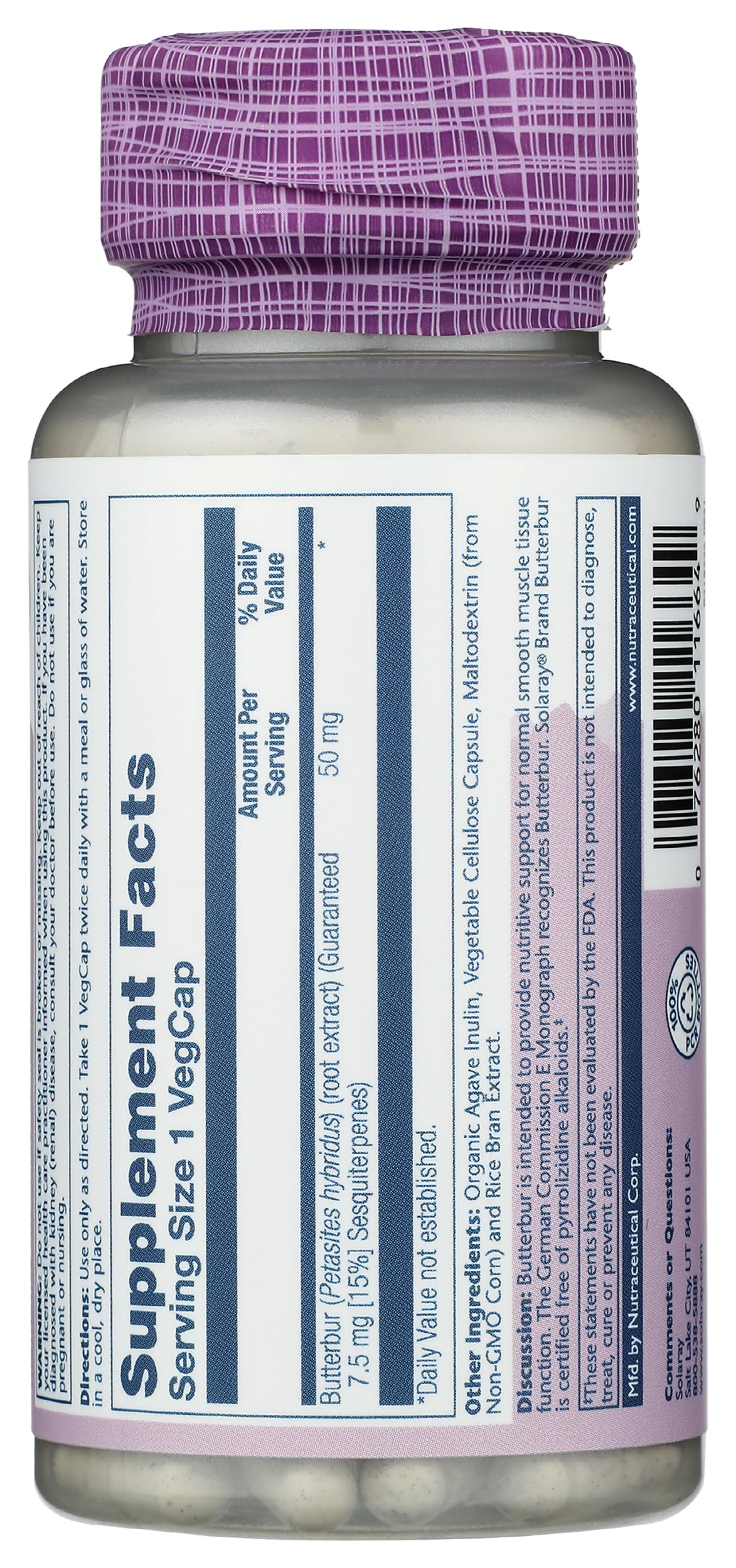 SOLARAY Extrait de Racine de Butterbur 50 mg bottle with nutrition facts