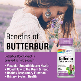 SOLARAY Extrait de Racine de Butterbur 50 mg capsules on a wooden surface