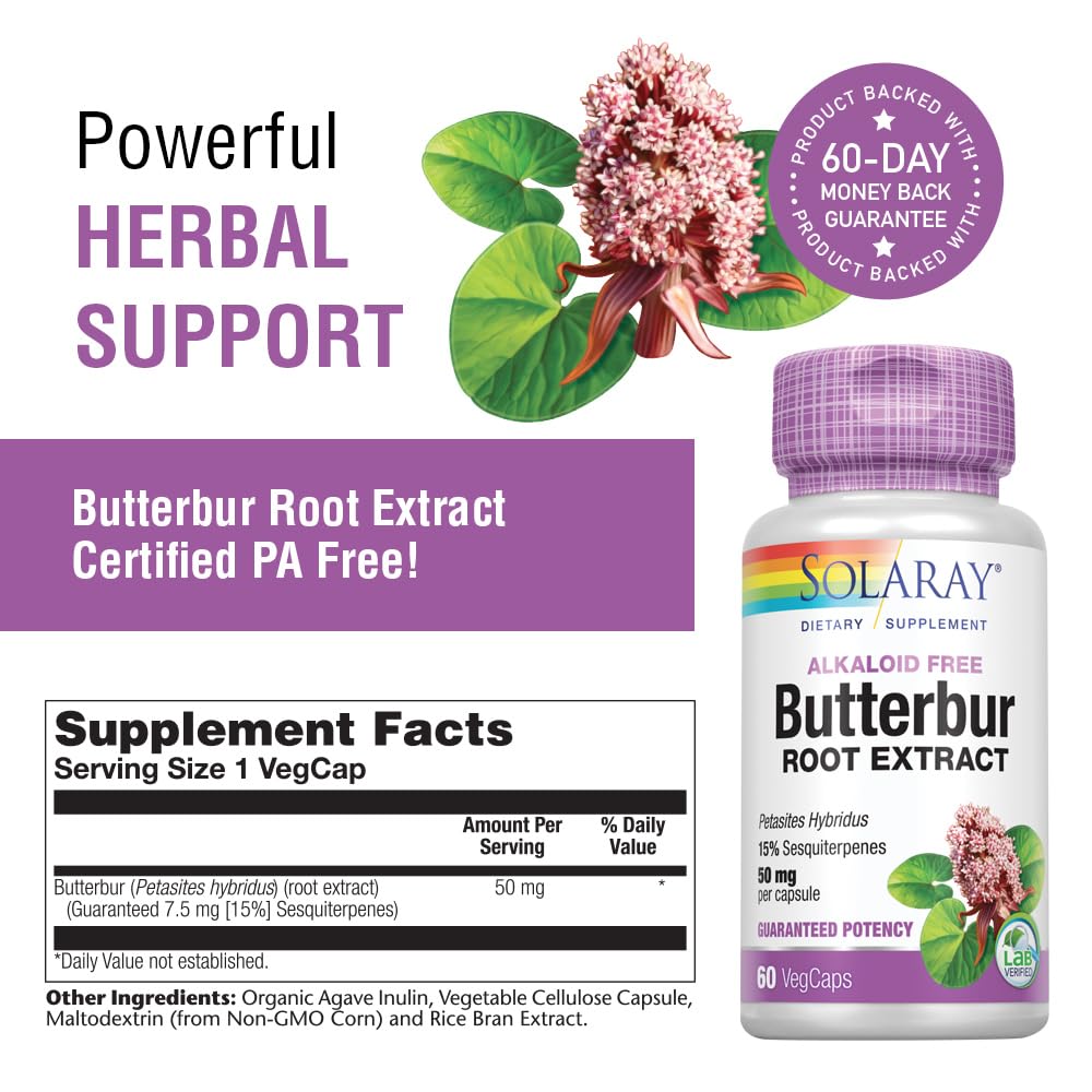 SOLARAY Extrait de Racine de Butterbur 50 mg VegCaps close-up of capsules