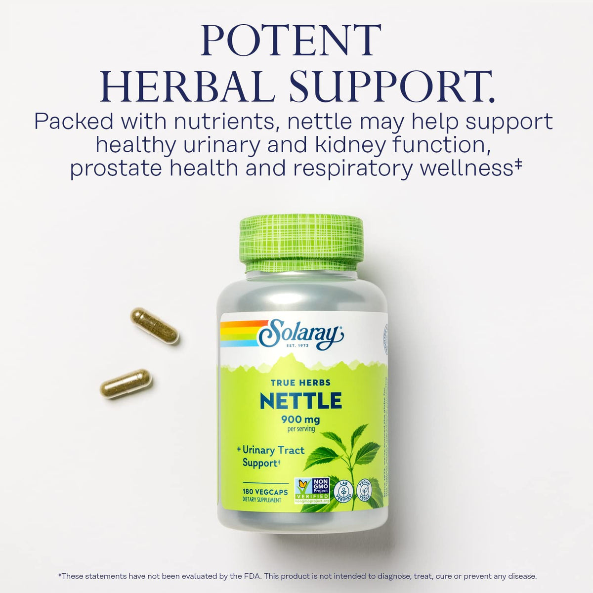 SOLARAY Feuille d'Ortie 450 mg capsules sur fond blanc