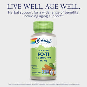 SOLARAY Fo-Ti 610 mg flacon ouvert montrant les capsules