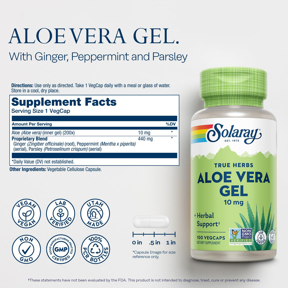 SOLARAY Gel d'Aloe Vera Capsules, vue arrière du flacon