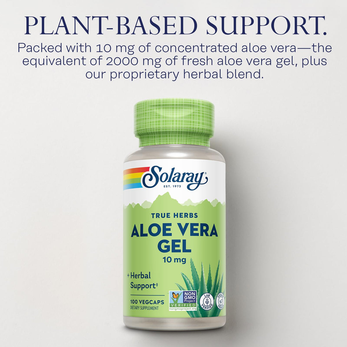 SOLARAY Gel d'Aloe Vera Capsules, vue de côté montrant le dosage