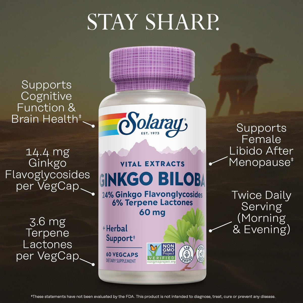 SOLARAY Ginkgo Biloba Extract flacon ouvert montrant les capsules