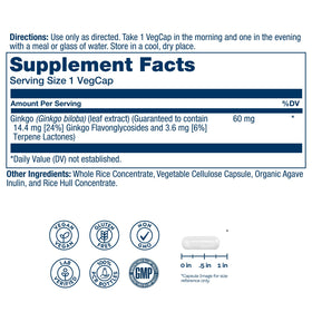 SOLARAY Ginkgo Biloba Extract vue arrière du flacon avec informations nutritionnelles