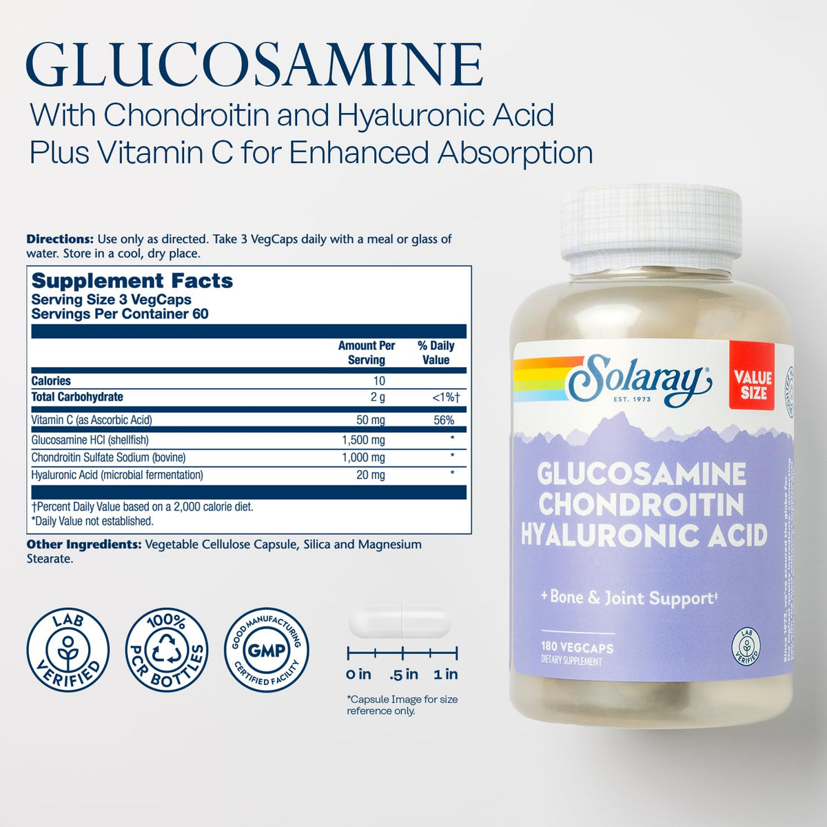 SOLARAY Glucosamine Chondroïtine 180 VegCaps à l'arrière avec informations nutritionnelles