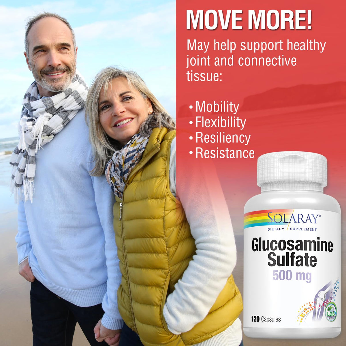 SOLARAY Glucosamine Sulfate 500 mg capsules à côté d'un verre d'eau