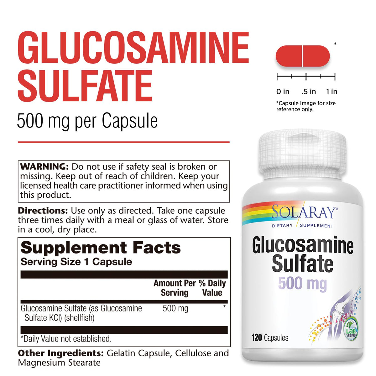 SOLARAY Glucosamine Sulfate 500 mg étiquette détaillée