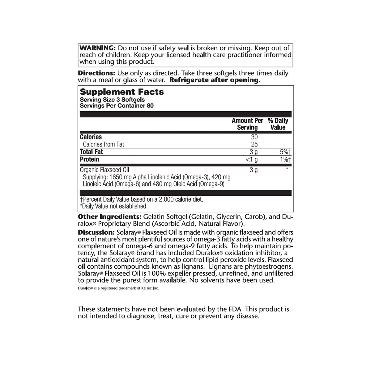 SOLARAY Huile de Graines de Lin 240 gélules softgels