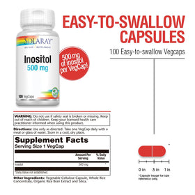 SOLARAY Inositol 500 mg capsules back view showing ingredients