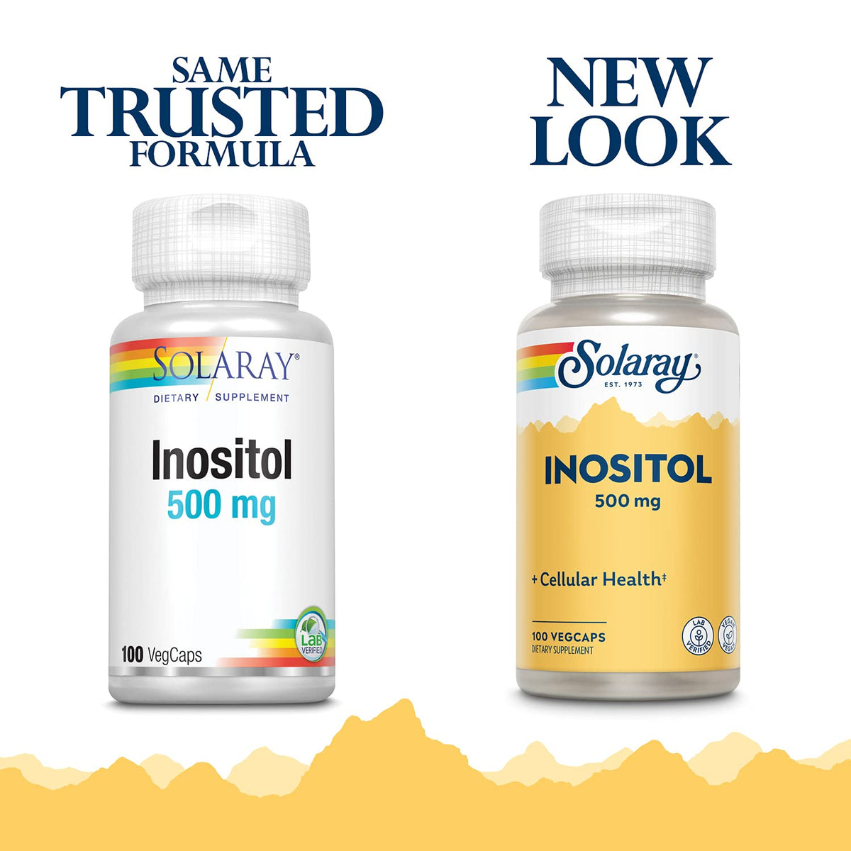 SOLARAY Inositol 500 mg capsules side view with label