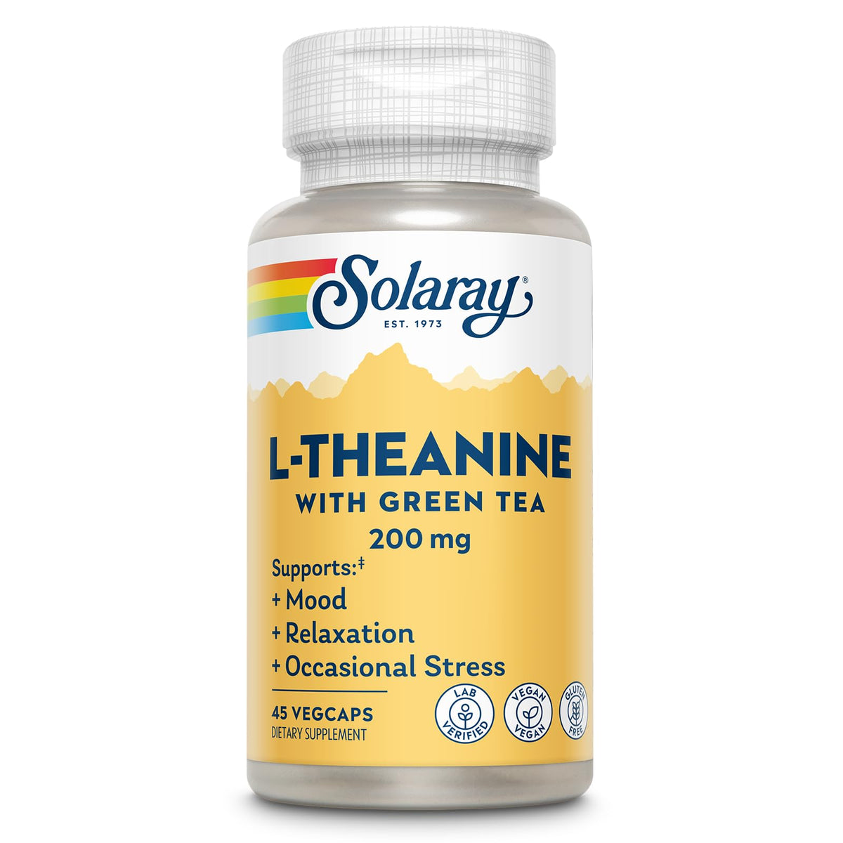 SOLARAY L-Theanine 200 mg avec Thé Vert, 45 VegCaps vue de face