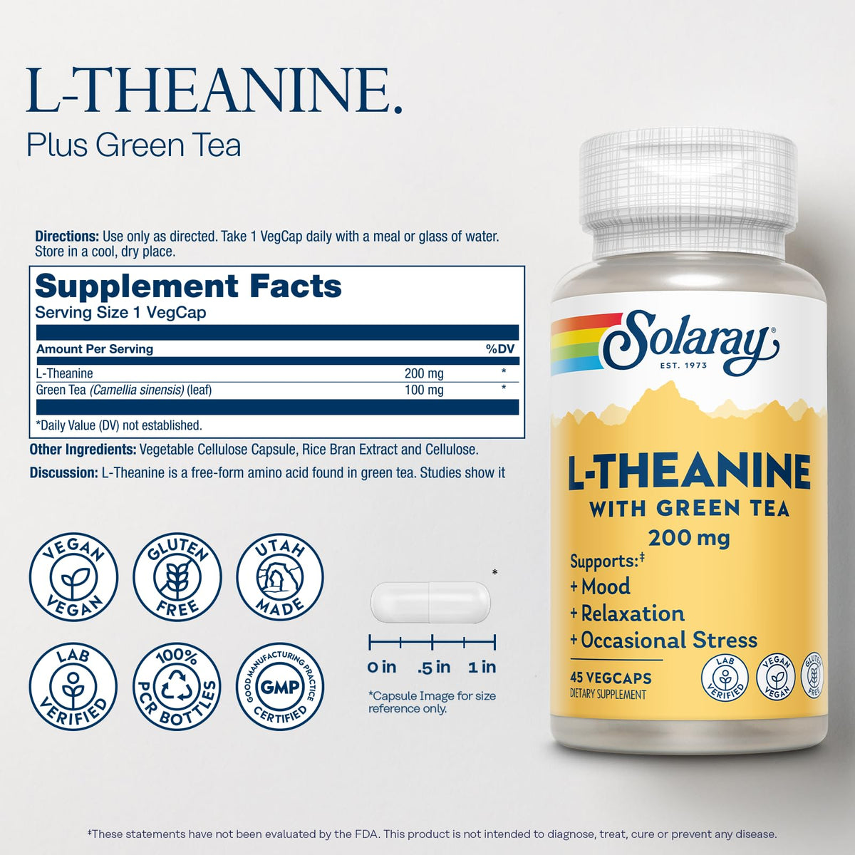 SOLARAY L-Theanine 200 mg avec Thé Vert, gélule végétale