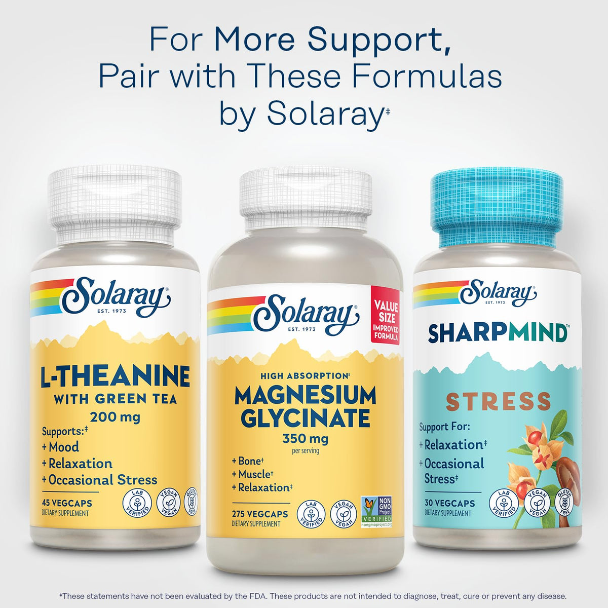 SOLARAY L-Theanine 200 mg avec Thé Vert, gélules sur une table