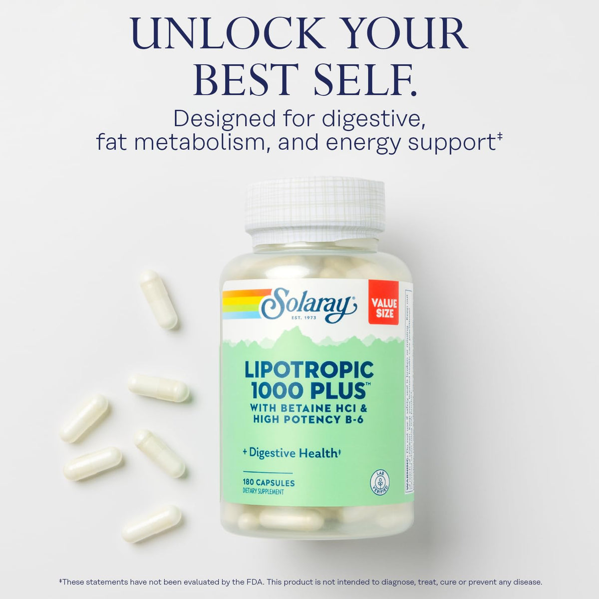 SOLARAY Lipotropic 1000 Plus capsules sur fond blanc