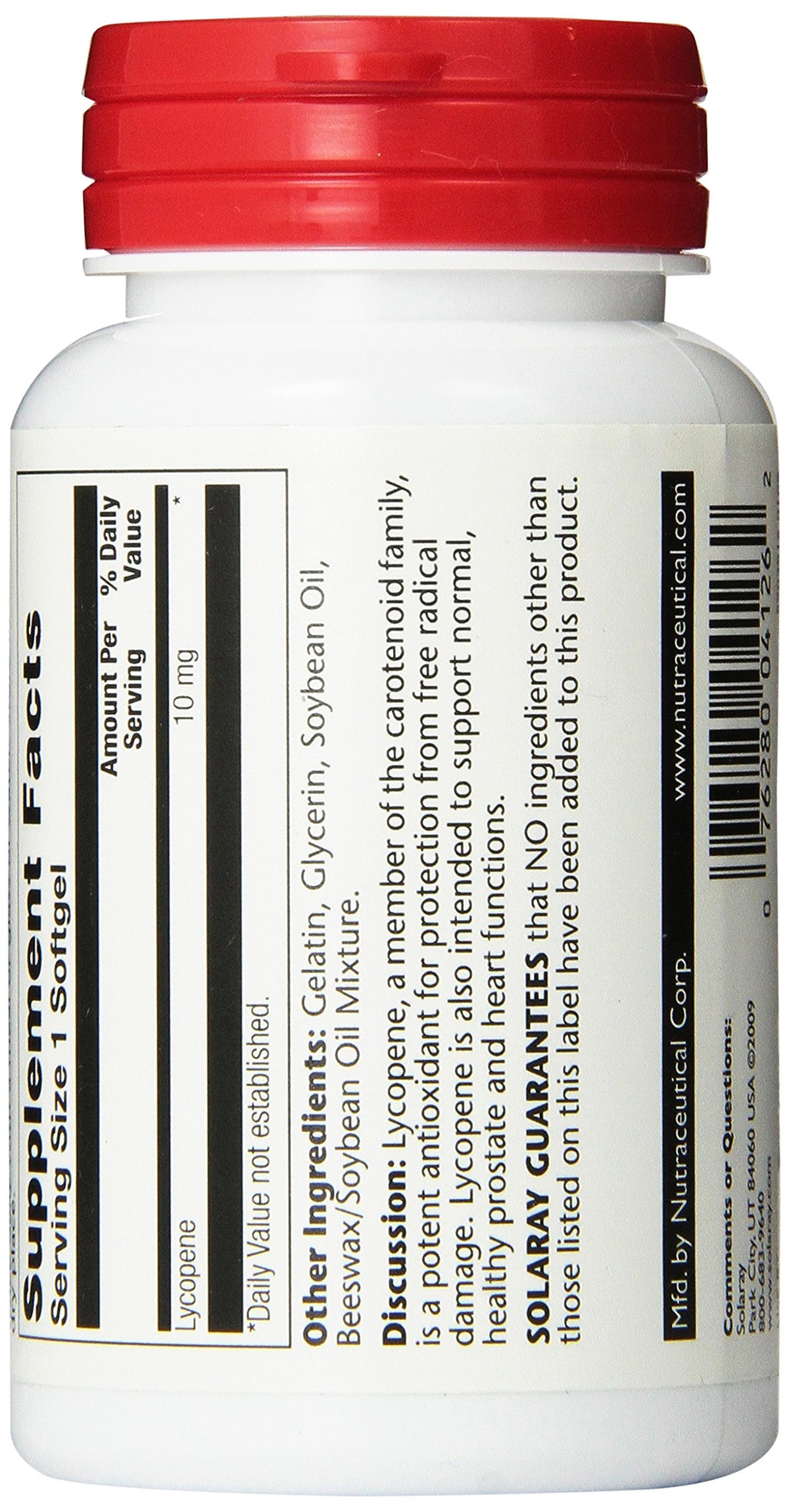 SOLARAY Lycopène 10 mg étiquette et informations sur le produit