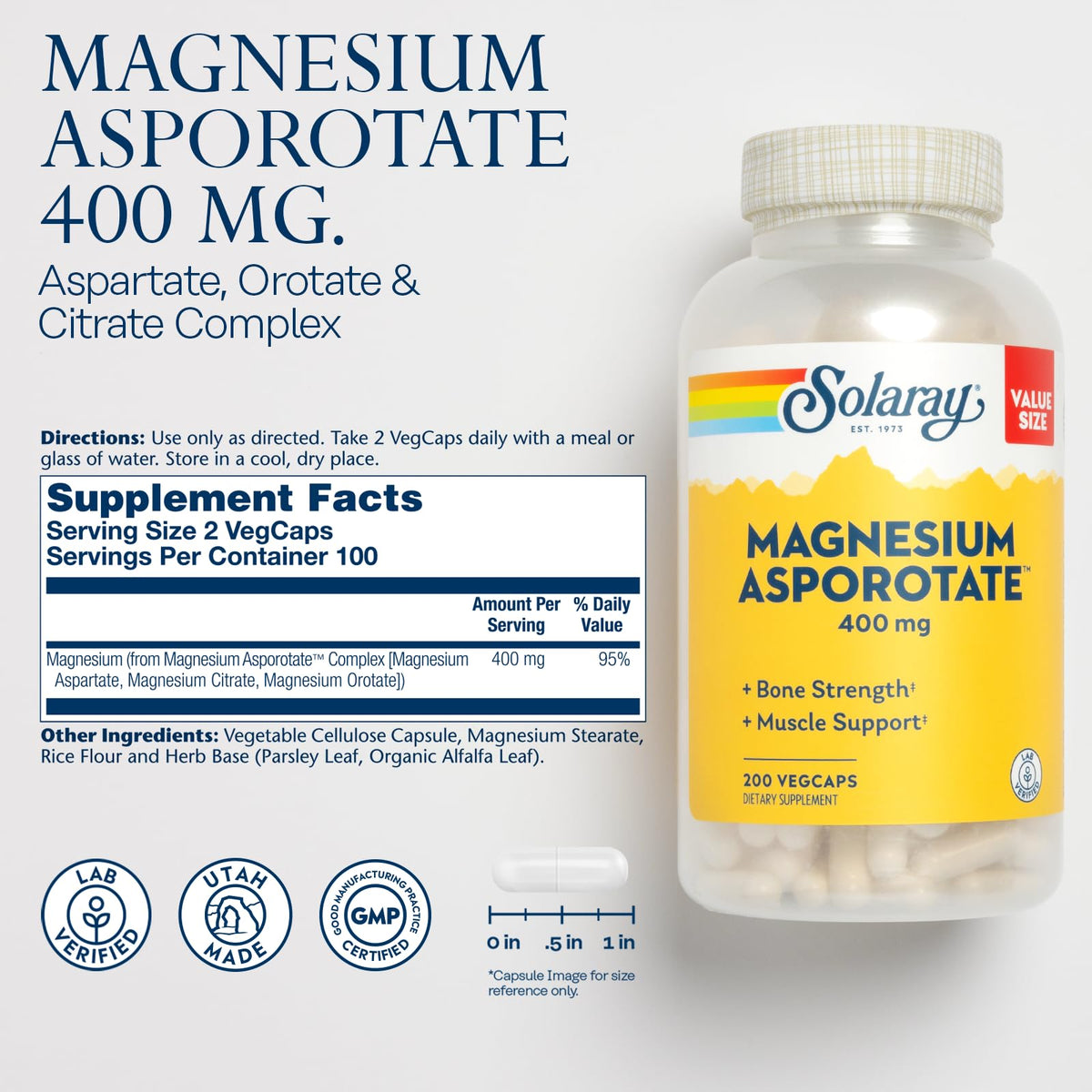 SOLARAY Magnésium Asporotate capsules végétales en gros plan