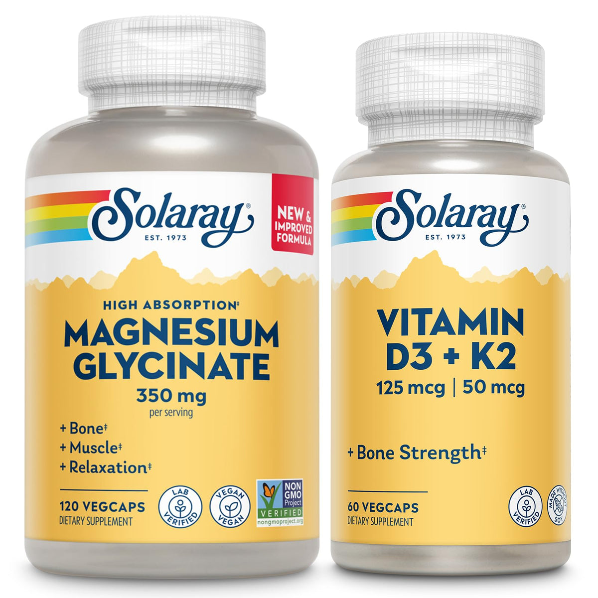 SOLARAY Magnesium Glycinate et Vitamine D3 K2 120 VegCaps vue de face
