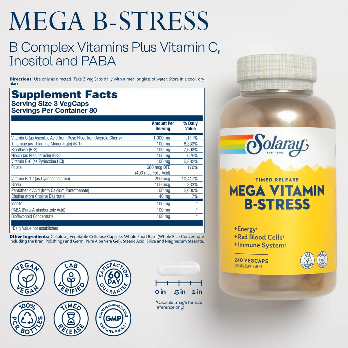 SOLARAY Mega Vitamin B-Stress capsules végétales en gros plan