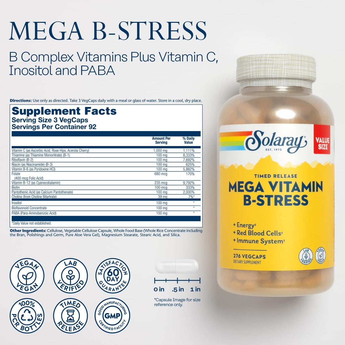 SOLARAY Mega Vitamin B-Stress composants sur l'étiquette