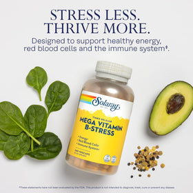 SOLARAY Mega Vitamin B-Stress flacon sur une surface en bois