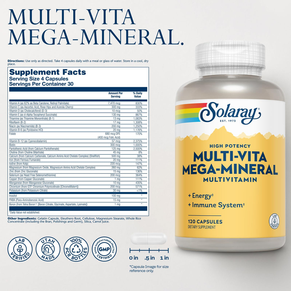 SOLARAY Multi-Vita Mega-Mineral Multivitamine 120 Capsules étiquette détaillée
