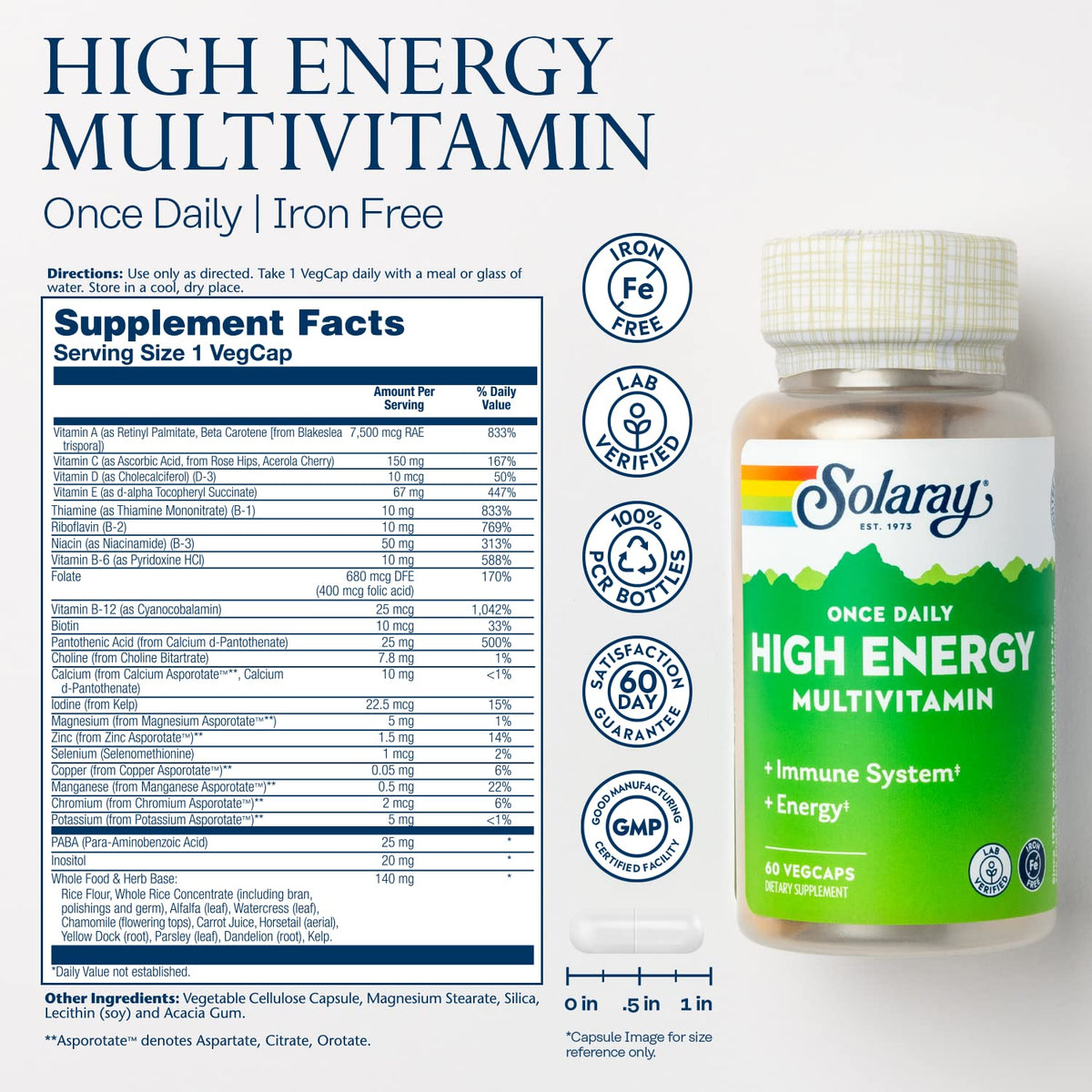 SOLARAY Multivitamines Énergétiques 60 VegCaps arrière de l'emballage