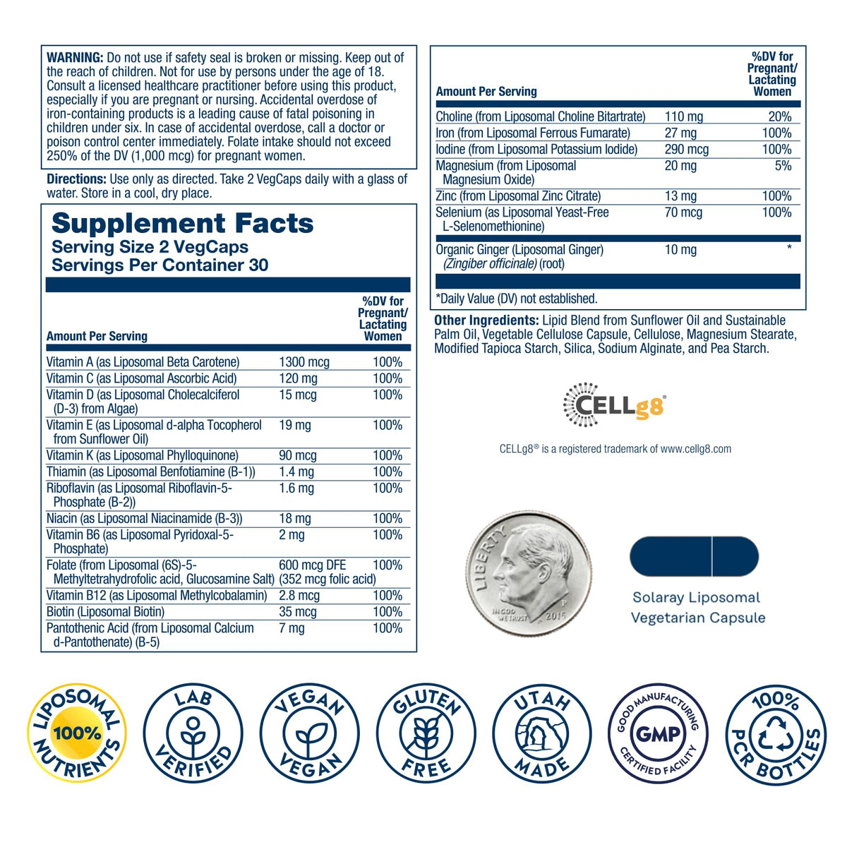 SOLARAY Multivitamines Liposomales Prénatales, étiquette et ingrédients