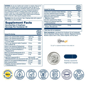 SOLARAY Multivitamines Liposomales Prénatales, étiquette et ingrédients