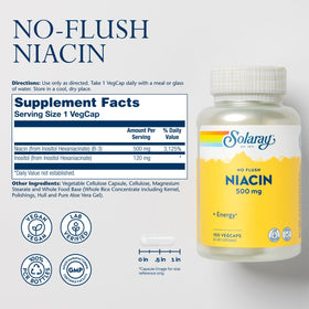 SOLARAY Niacine 500mg VegCaps arrière de la bouteille