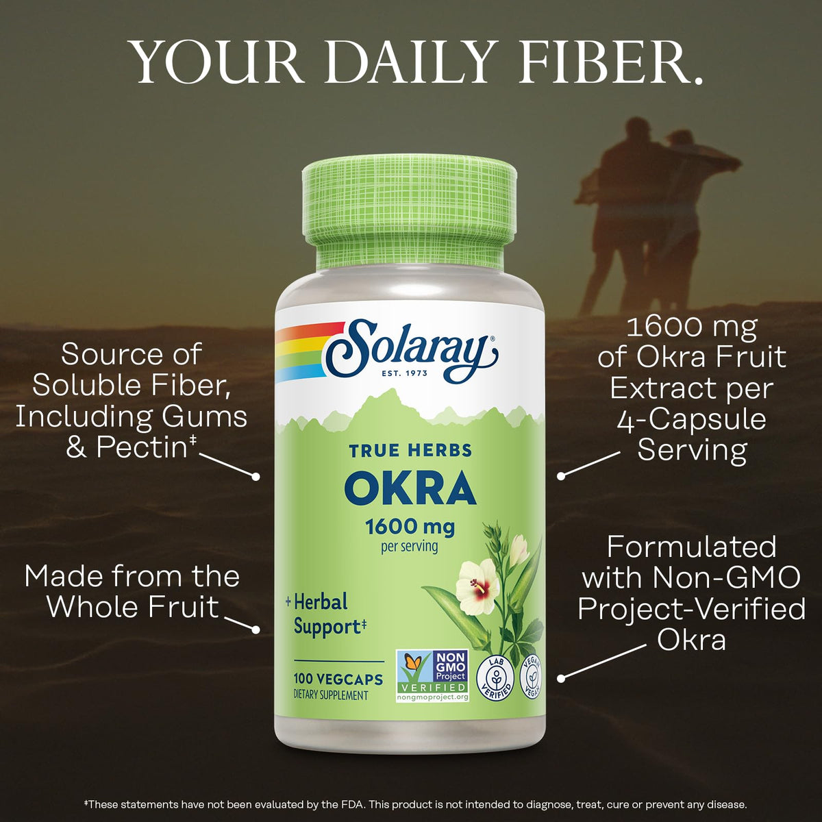 SOLARAY Okra Fruit 1600 mg capsules sur fond blanc