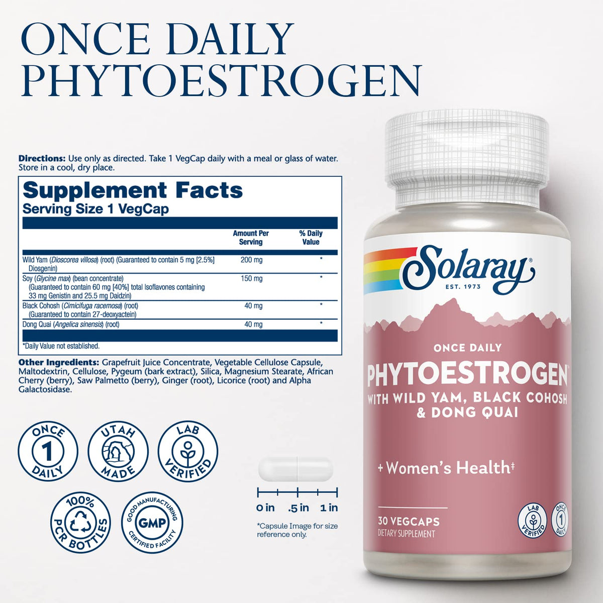 SOLARAY Once Daily Phytoestrogen, capsules végétales à l'intérieur du flacon