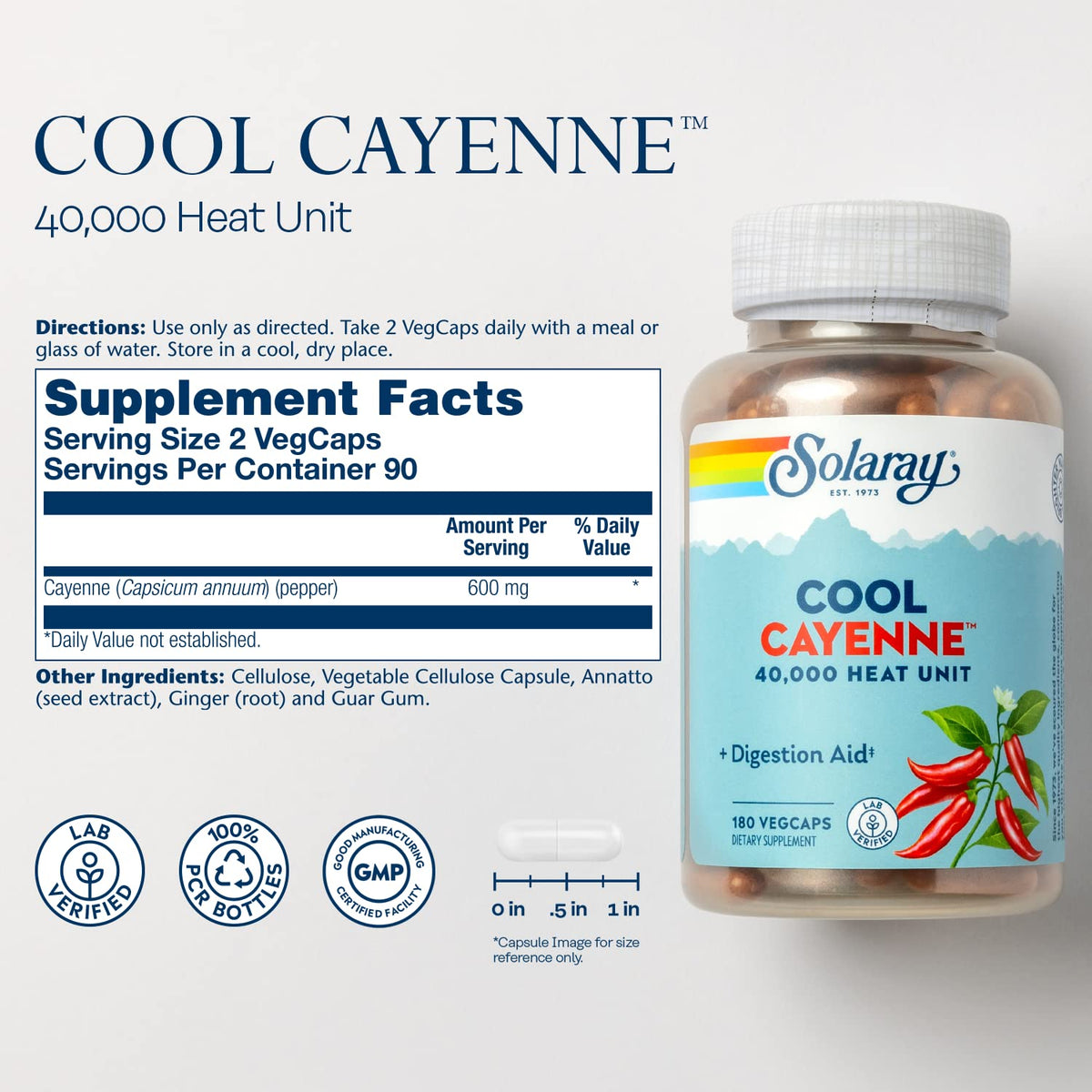 SOLARAY Poivre de Cayenne 40 000 HU Capsules Végétales 180 vue de côté