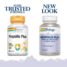 SOLARAY Propolis Plus capsules végétales sur une surface blanche