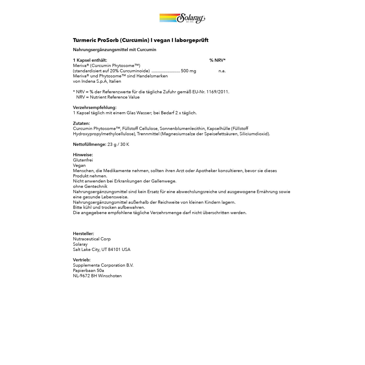SOLARAY ProSorb Curcuma 500 mg 30 VegCaps - bouteille sur fond neutre